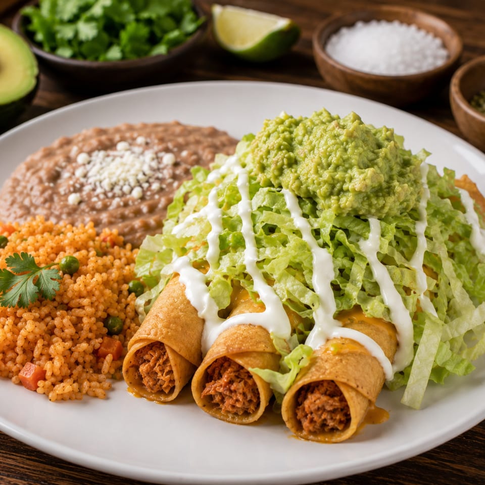 Three taquitos topped with lettuce, sour cream, and guacamole, served with rice and refried beans.