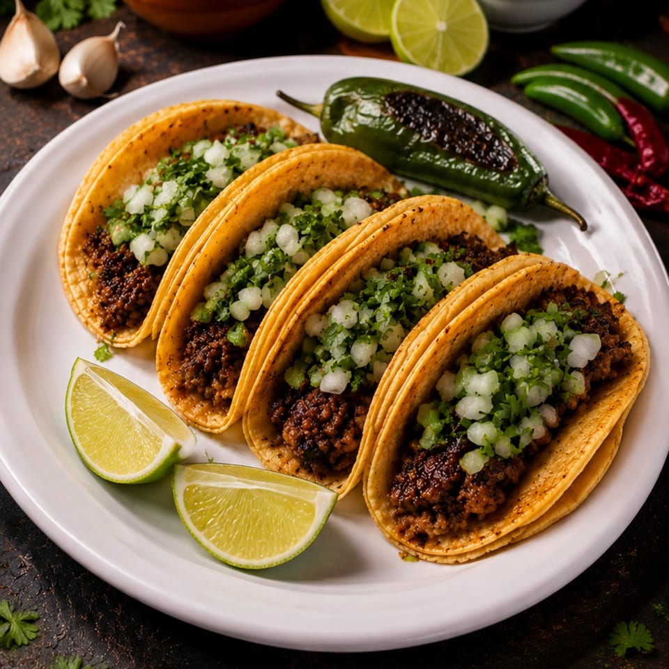 Four street tacos with meat, cilantro, and onions, served with lime wedges and a charred jalapeño.