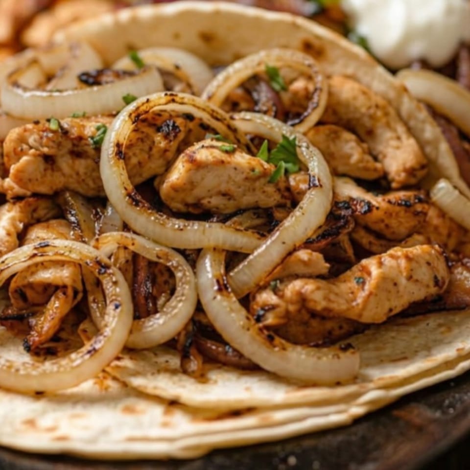 Grilled chicken and caramelized onions on warm tortillas, garnished with fresh parsley.